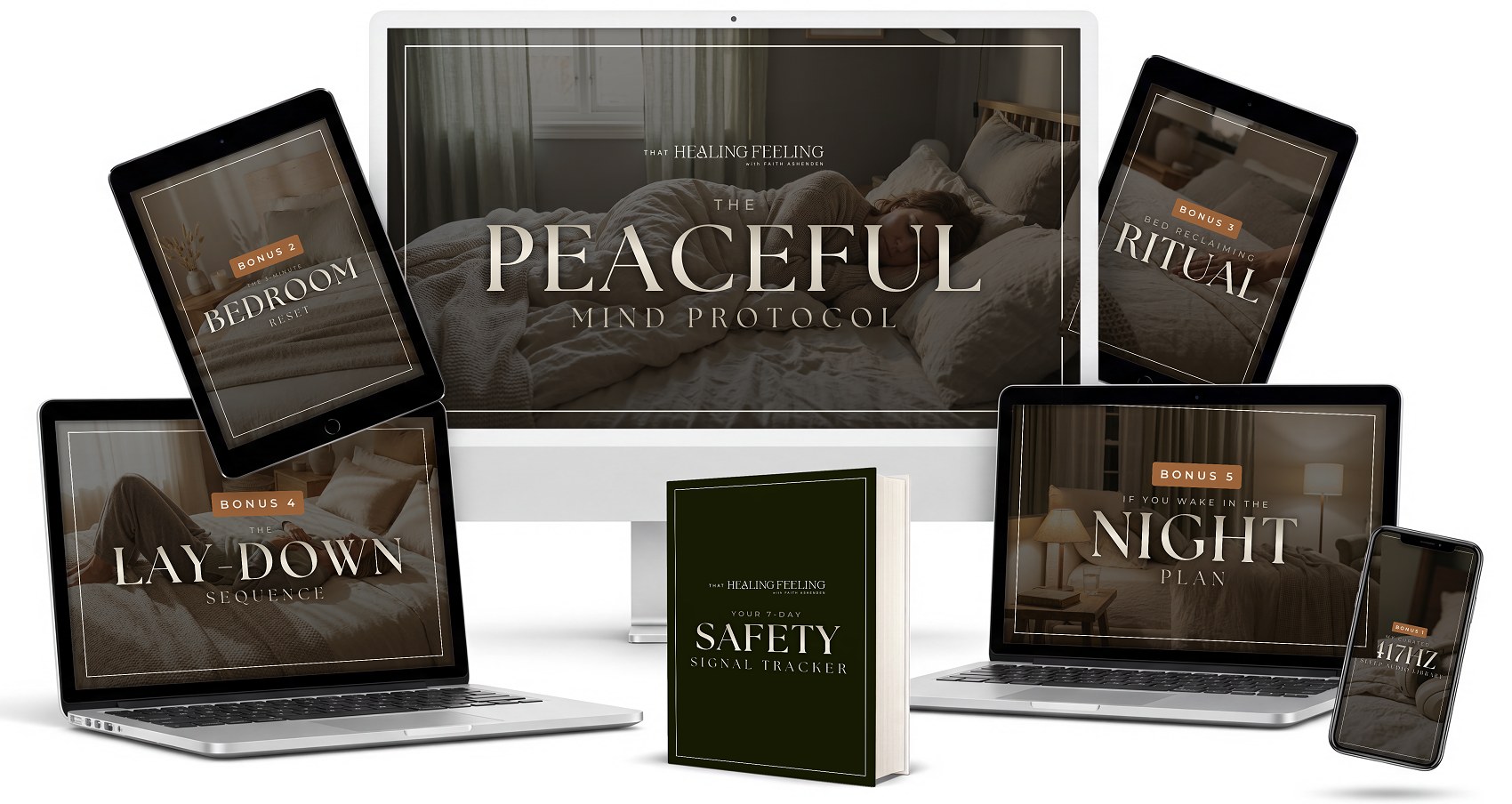 Everything included today: The Peaceful Mind Protocol on a desktop screen, The 3-Minute Bedroom Reset and the Bed Reclaiming Ritual on tablets, The Lay-Down Sequence and the If You Wake in the Night Plan on laptops, the 417Hz Sleep Audio Library on a phone, and the printed 7-Day Safety Signal Tracker.